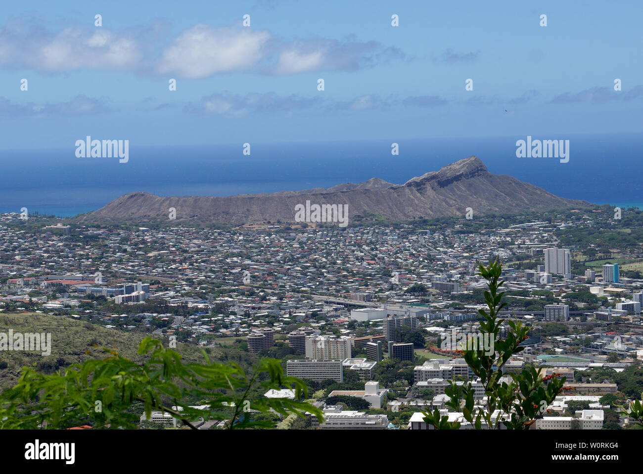 Vista di Diamondhead, Kapahulu, Kahala, oceano pacifico attraverso gli alberi su Oahu, Hawaii. Giugno 2016. Foto Stock