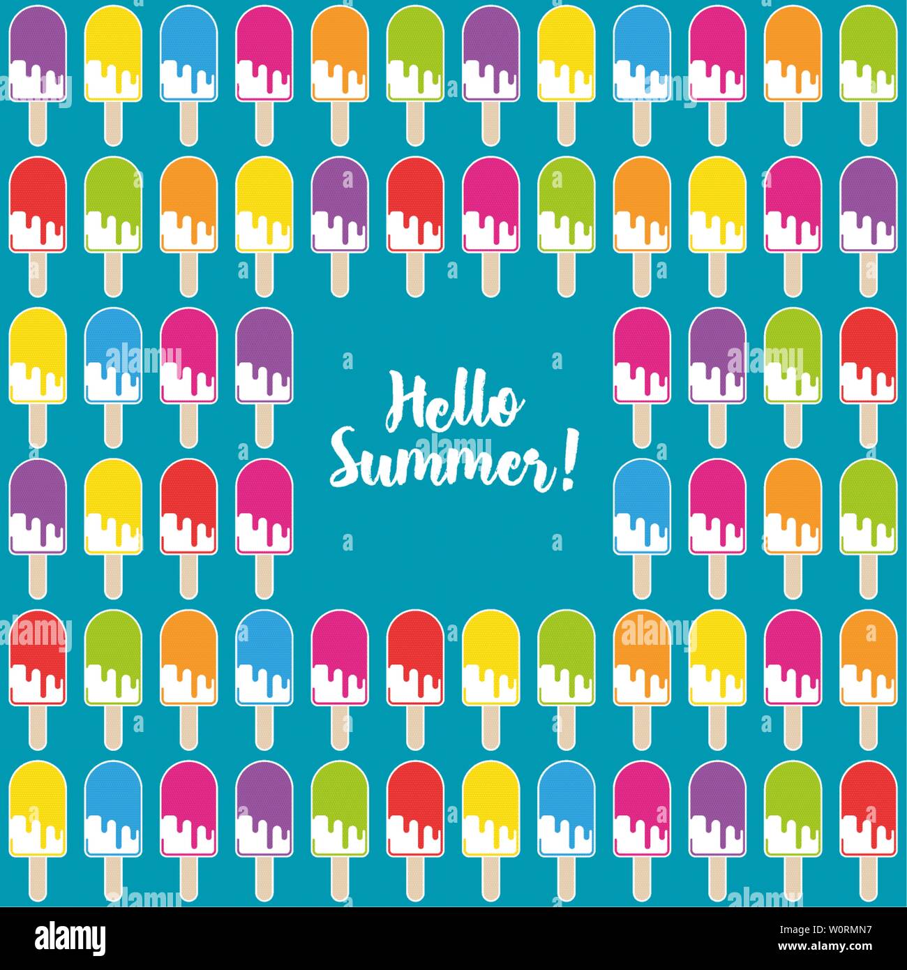 Ciao Estate poster. Modello senza soluzione di continuità di colorati popsicles illustrazione vettoriale. Illustrazione Vettoriale