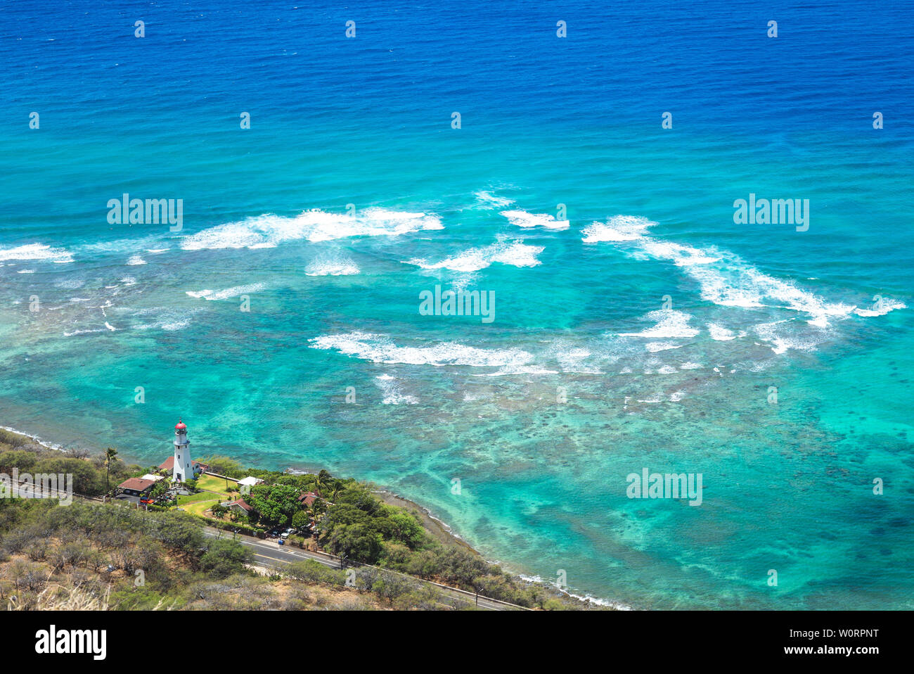 Faro e lo scenario del mare a Oahu, Hawaii, USA Foto Stock