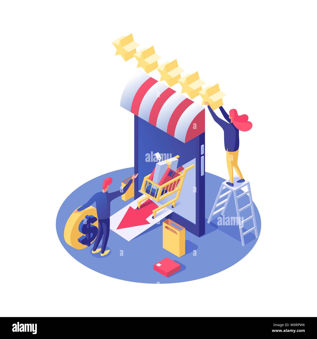 Negozio Online rating vettore illustrazione isometrica. Smartphone con tenda e classifica stelle, acquirente ordinano merci in Internet negozio isolato clipart. Il compratore e il venditore, shop assistant 3d caratteri Illustrazione Vettoriale