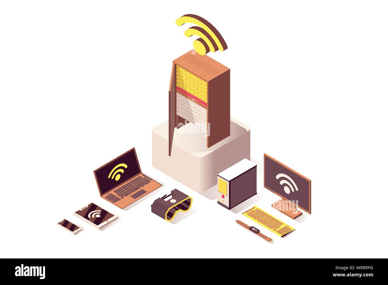 Il cloud computing vettore illustrazione isometrica. Server Internet hosting online, computer apparecchiature hardware e tecnologia IoT. Rete wifi wireless, database storage isolato 3d clipart Illustrazione Vettoriale