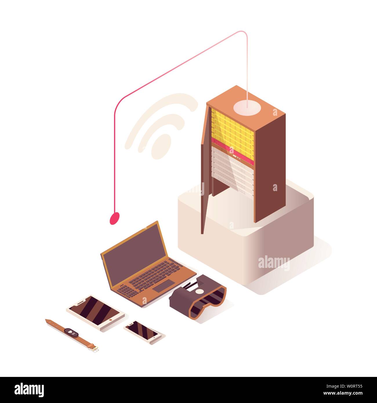Wifi Internet vettore illustrazione isometrica. Hosting online, server hardware del computer apparecchiature e tecnologie IoT. Connessione wireless, networking, storage di database isolato 3d clipart Illustrazione Vettoriale