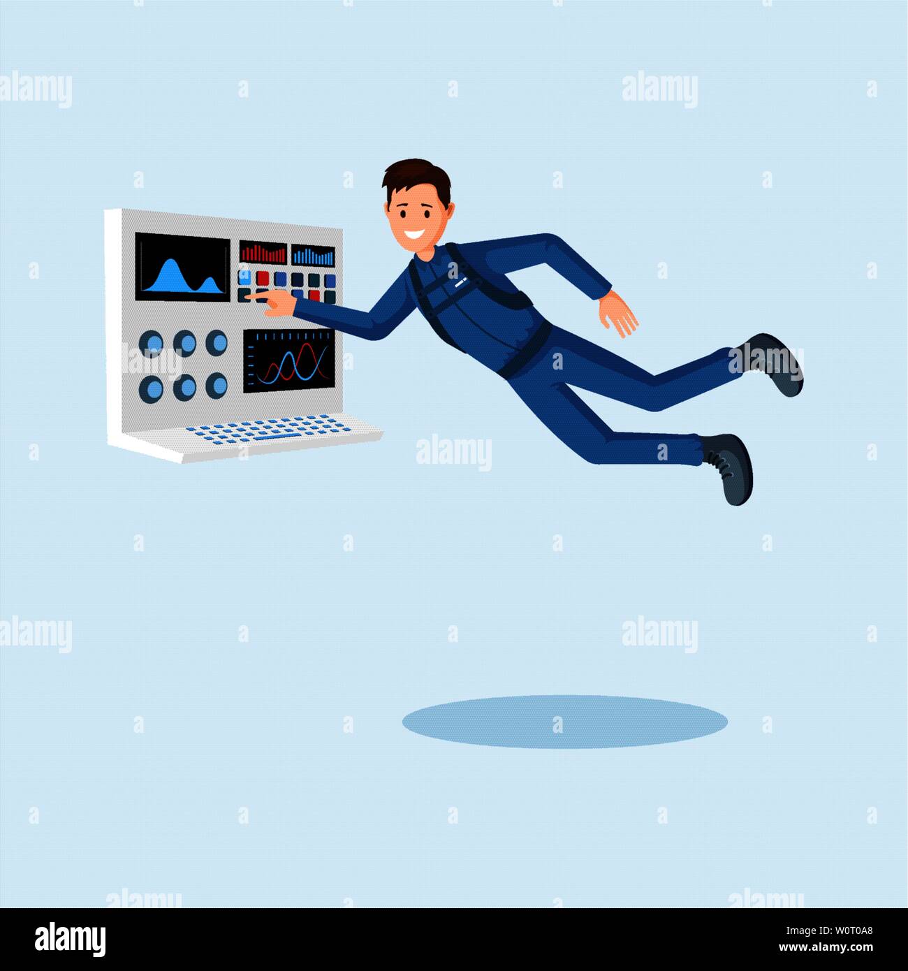 Astronauta piatto di formazione illustrazione vettoriale. Cosmonauta premendo il pulsante sulla navicella spaziale pannello di controllo personaggio dei fumetti. Spaceman galleggianti in zero gravity, spazio esterno missione clipart isolato Illustrazione Vettoriale