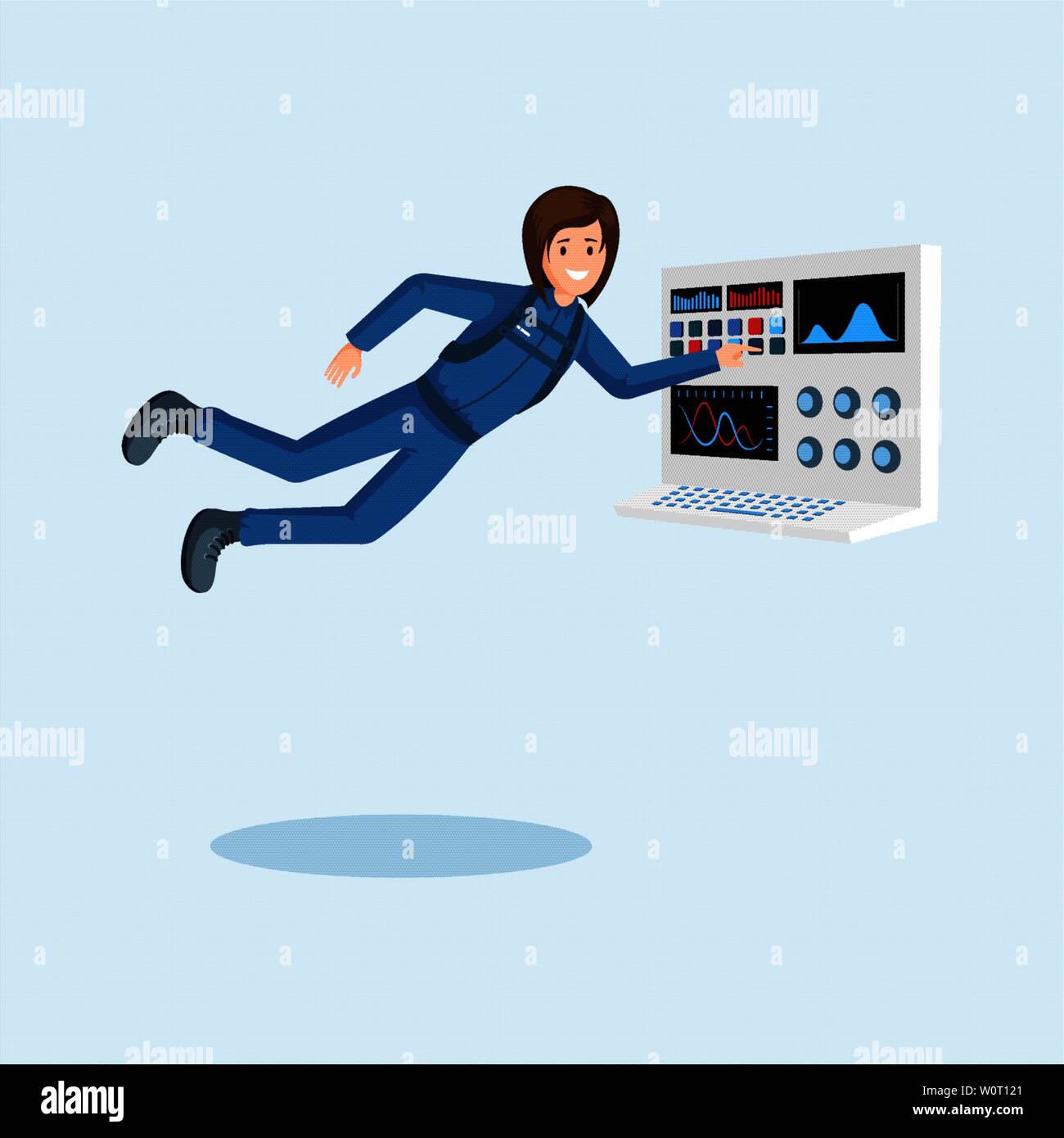 Astronauta femmina formazione illustrazione piana. Cosmonauta galleggianti in zero gravity, premendo il pulsante sulla navicella spaziale del pannello di controllo vettore cartoon carattere. Missione spaziale la preparazione di clipart isolato Illustrazione Vettoriale