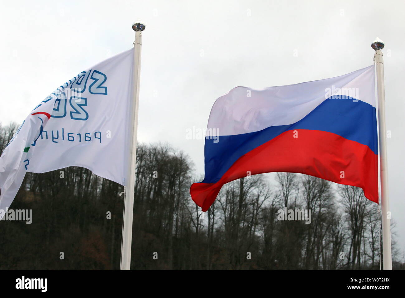 Russische Flagge weht im Wind von Sotschi, Paralimpiadi Sotschi 2014 / Giochi Paralimpici Invernali Sochi 2014 Foto Stock