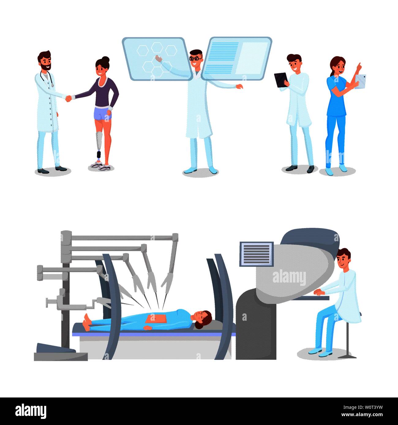 Innovazioni nella medicina illustrazioni vettoriali set. Moderno e il personale ospedaliero, ai medici e ai pazienti i personaggi dei cartoni animati. High Tech healthcare, clinica medica la modernizzazione, i medici lavorano con la tecnologia Illustrazione Vettoriale