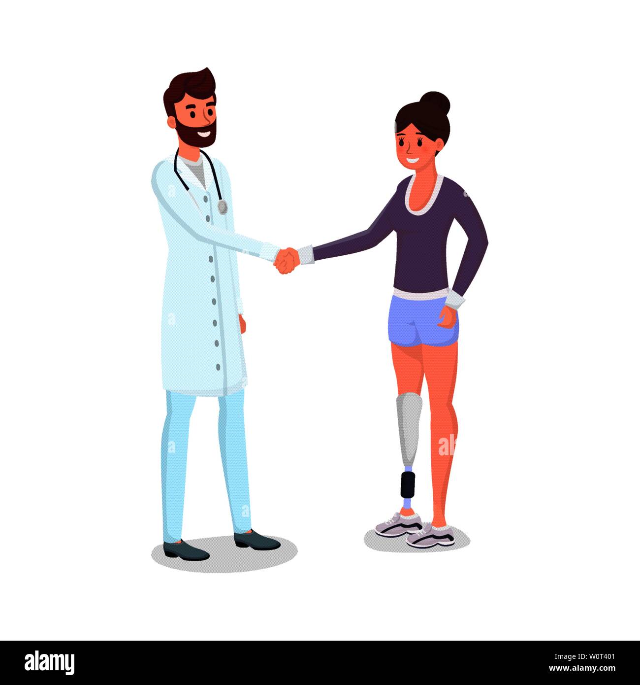 Protesi mediche piatta illustrazione vettoriale. Sorridente giovane medico e felice di paziente con protesi i personaggi dei cartoni animati. Donna con arto artificiale e medico stringono le mani, la medicina moderna Illustrazione Vettoriale