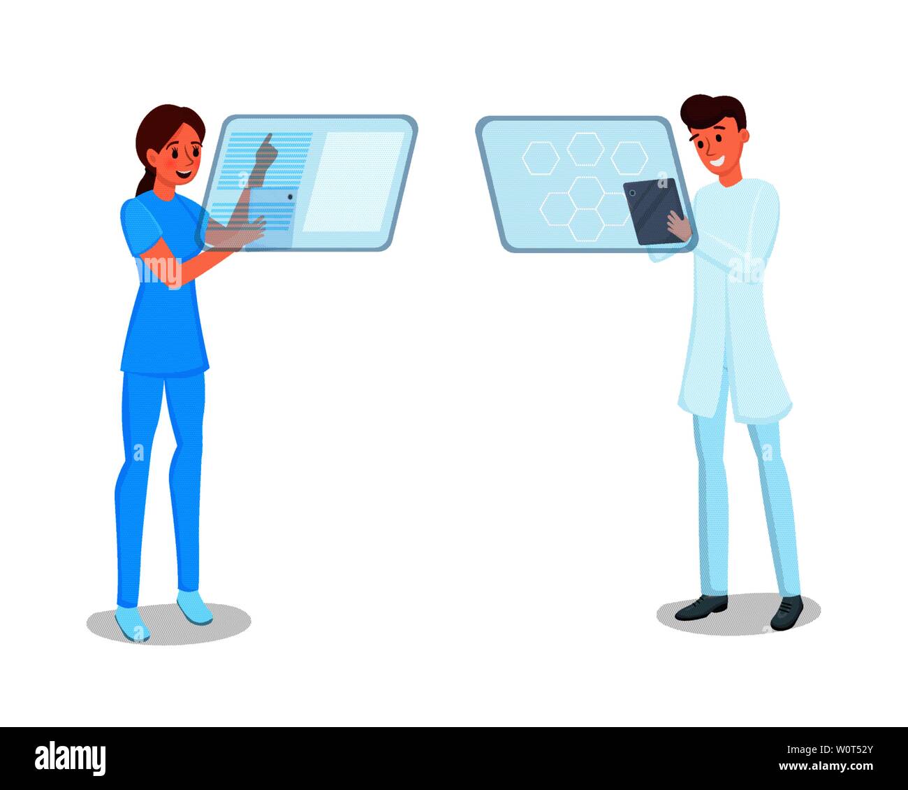 Il personale medico con compresse illustrazione vettoriale. Giovane  infermiera e medico con Gadget futuristici i personaggi dei cartoni animati.  Tecnologie innovative in medicina, medici lavorano con schermi interattivi  Immagine e Vettoriale -
