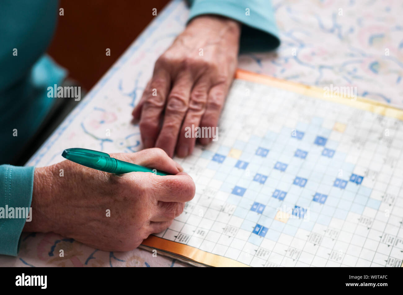 Seniorin sitzt un einem Tisch und loest Kreuzwortraesel. Foto Stock