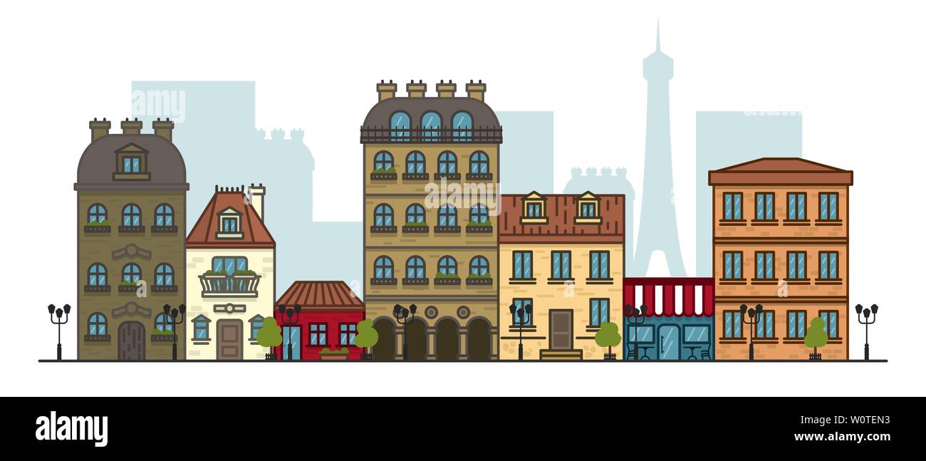 Appartamento panorama lineare della città paesaggio con edifici e case. turismo, viaggi a Parigi. Illustrazione Vettoriale Illustrazione Vettoriale