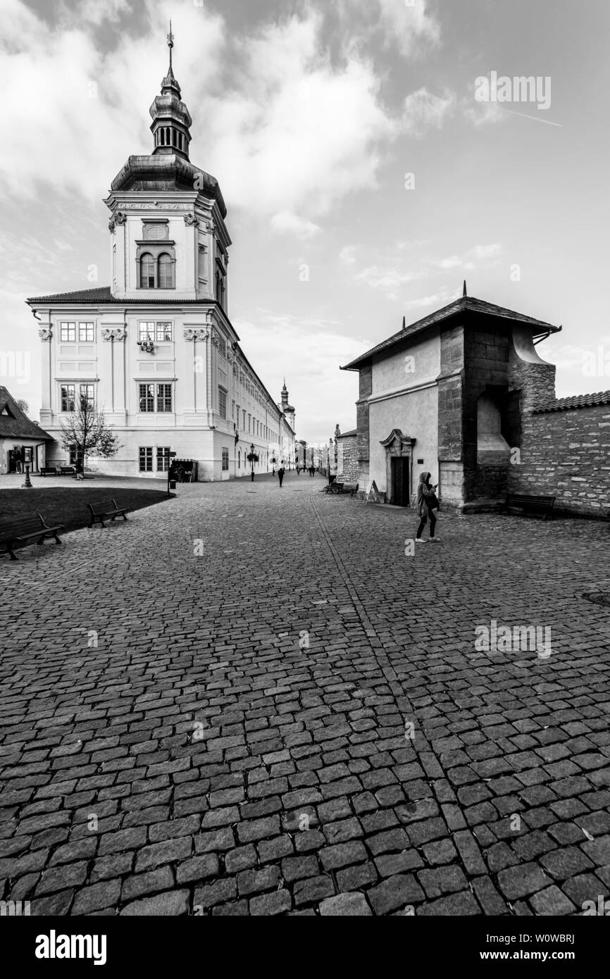 KUTNA Hora, Repubblica Ceca - 26 ottobre 2018: strada pedonale (terrazza) Barborska, Collegio dei Gesuiti (sinistra) e il Corpo di Cristo Cappella (a destra). In bianco e nero. Foto Stock