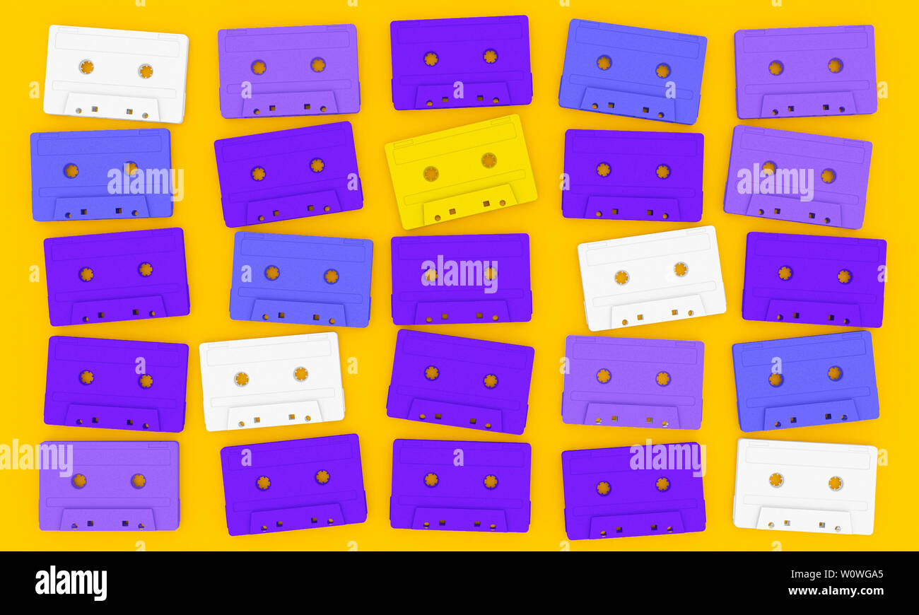 Audio cassette a nastro su sfondo giallo 3d rendering immagine Foto Stock