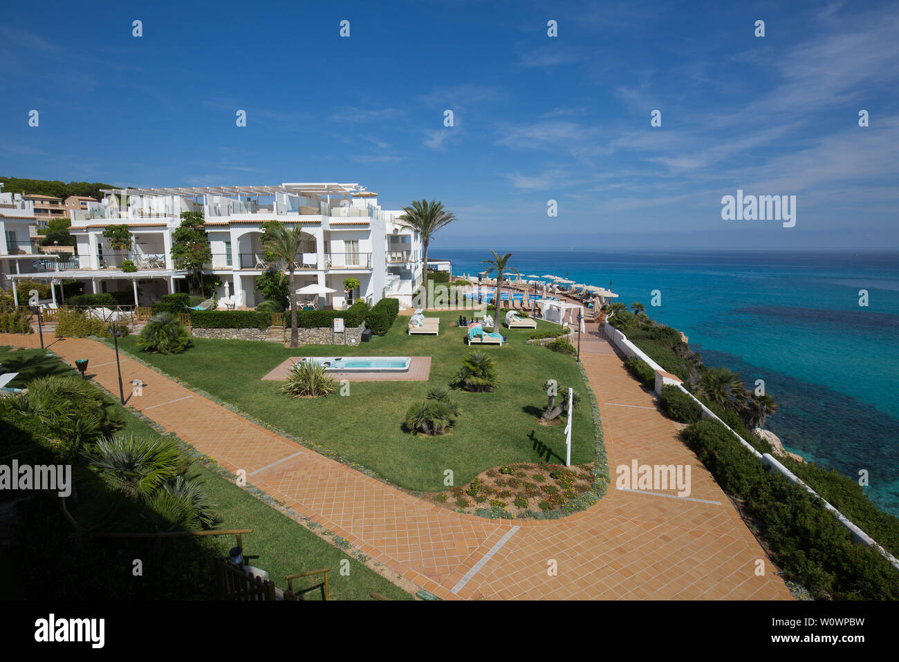 Angolo di alta vista di Vanity Hotel Suite, Cala Mesquida, Capdepera, Mallorca, Spagna Foto Stock
