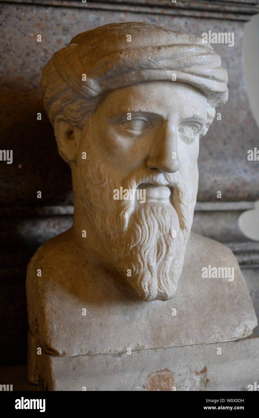 Roma. L'Italia. Busto di greco antico filosofo e matematico Pitagora di Samo (ca. 570-ca. 495 BC) nella Sala dei Filosofi, Ca Foto Stock