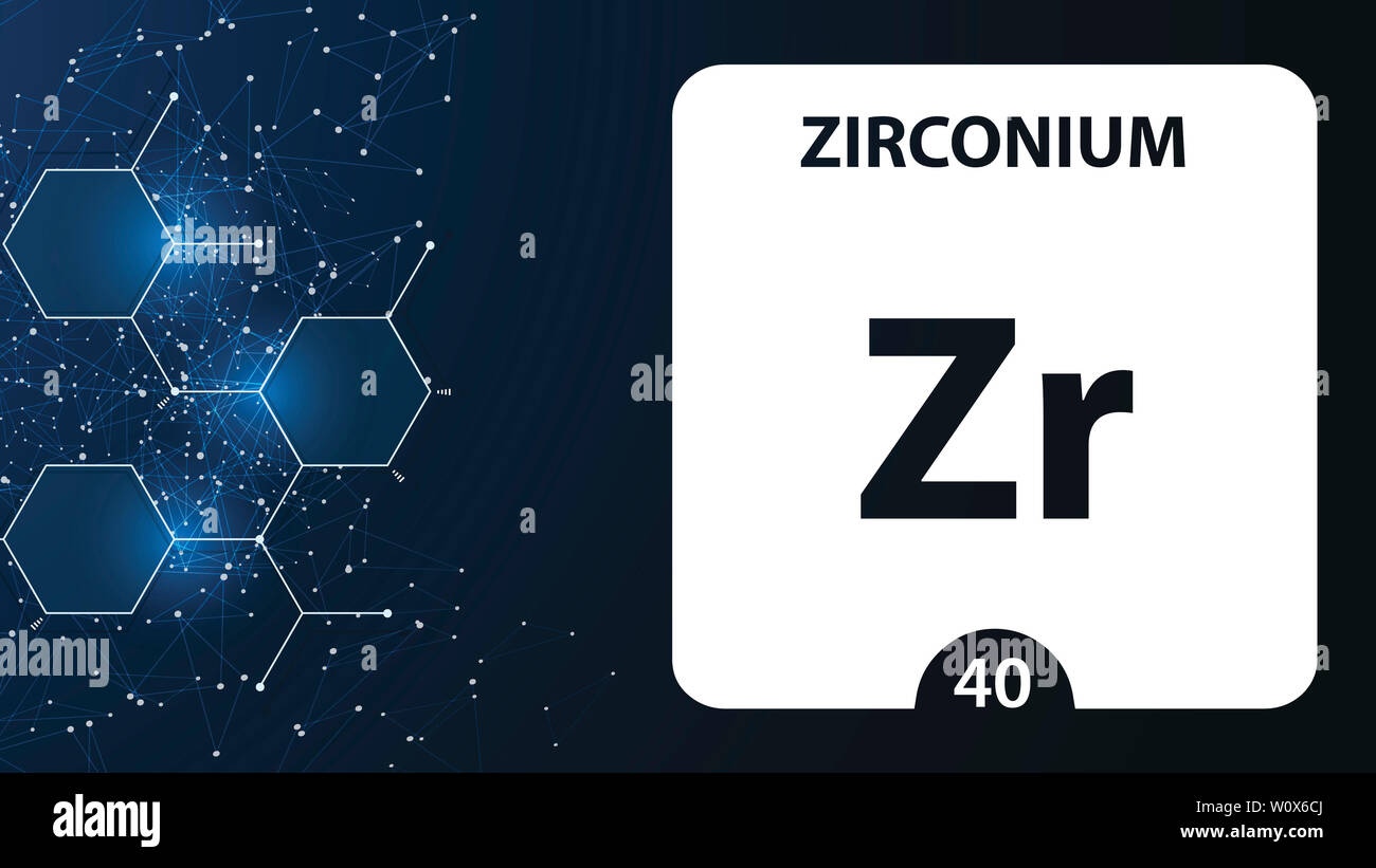 Zirconio elemento 40. Metalli alcalino terrosi. Elemento chimico di Mendeleev Tavola Periodica. Zirconio nel cubo quadrati concetto creativo. Chimica, labora Foto Stock