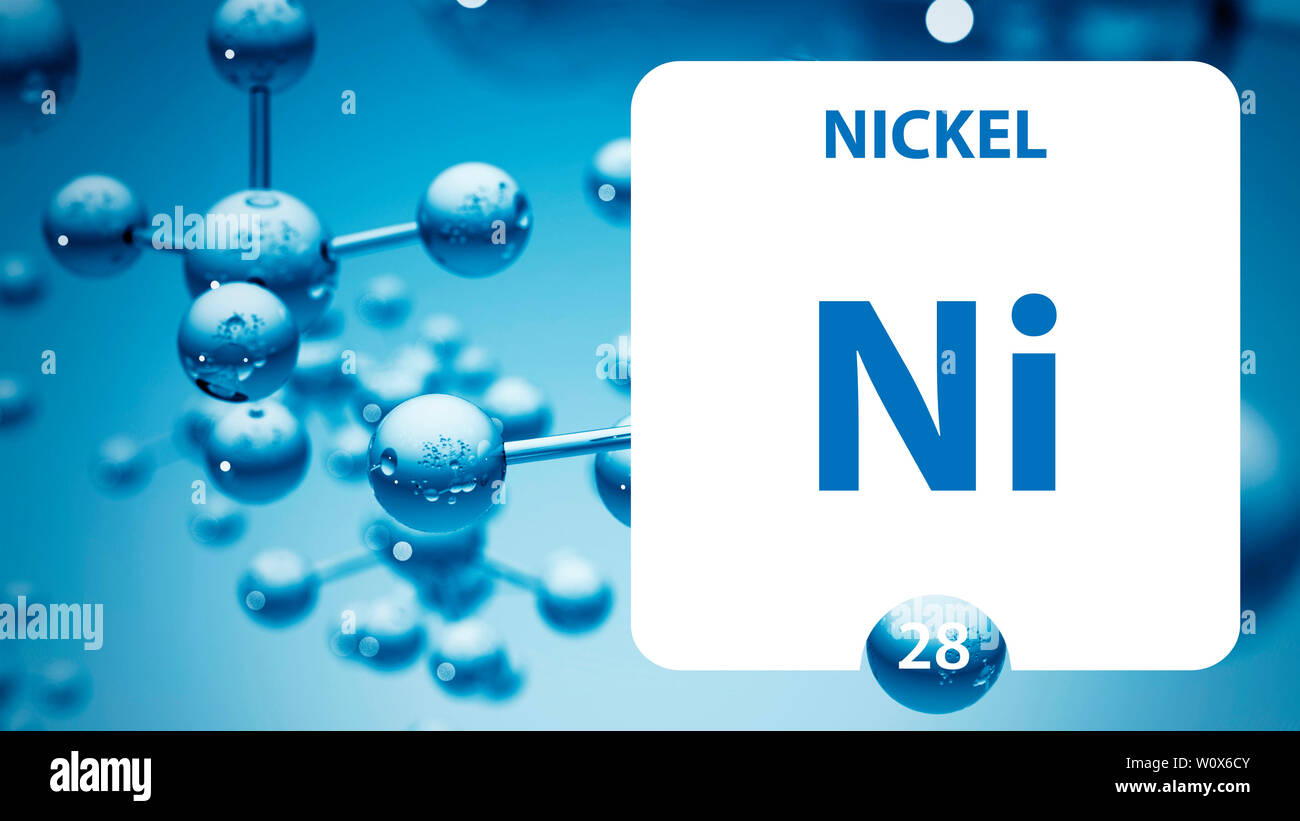 Nickel Ni, elemento chimico segno. 3D rendering isolati su sfondo bianco. Nichel chimico elemento 28 per esperimenti scientifici in scienza di classe c Foto Stock