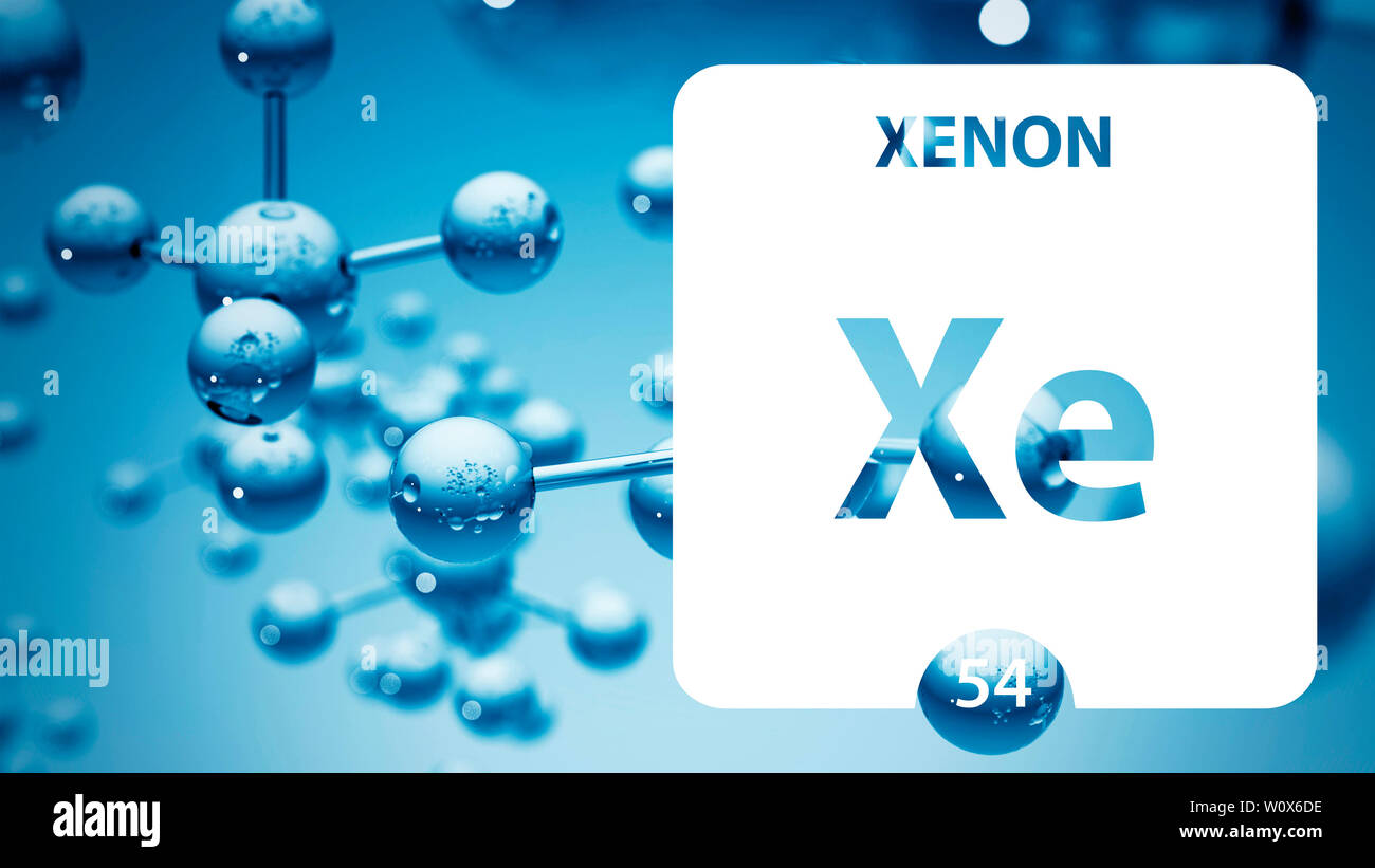 Fari allo xeno Xe elemento chimico. Segno allo xeno con numero atomico. Chemical 54 elemento della tavola periodica. Tavola periodica degli elementi con numero atomico, abbiamo Foto Stock