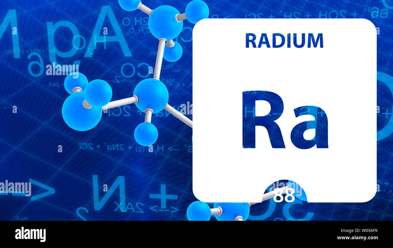 Radium 88 l'elemento. Metalli alcalino terrosi. Elemento chimico di Mendeleev Tavola Periodica. Radium in piazza cube concetto creativo. Chimica, un laboratorio Foto Stock
