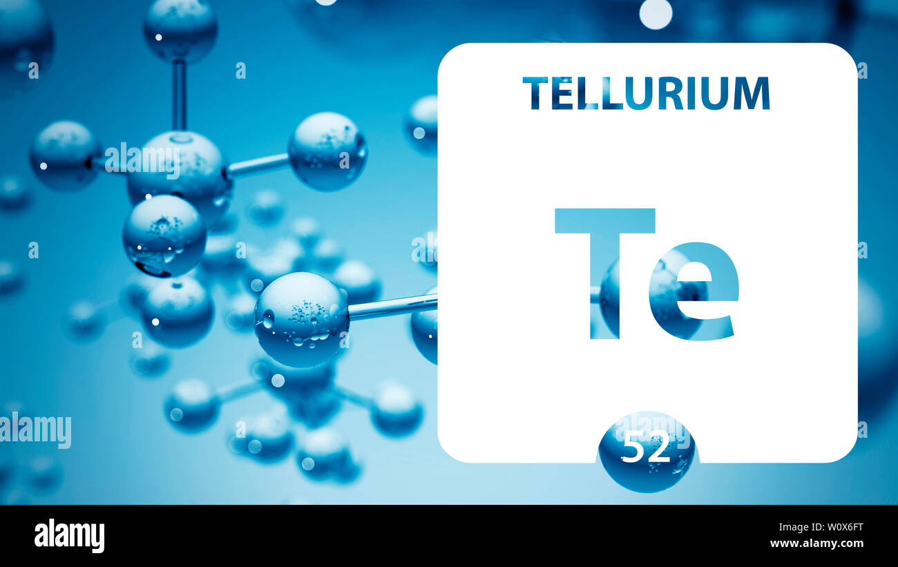 Tellurio elemento 52. Metalli alcalino terrosi. Elemento chimico di Mendeleev Tavola Periodica. Il tellurio in piazza cube concetto creativo. Chimica, labora Foto Stock