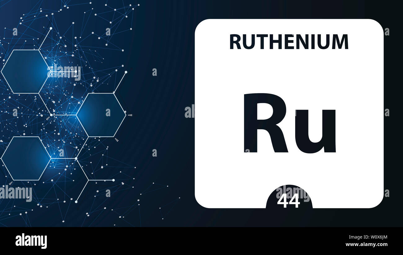 Il rutenio 44 l'elemento. Metalli alcalino terrosi. Elemento chimico di Mendeleev Tavola Periodica. Il rutenio nel quadrato cube concetto creativo. Chimica, labora Foto Stock