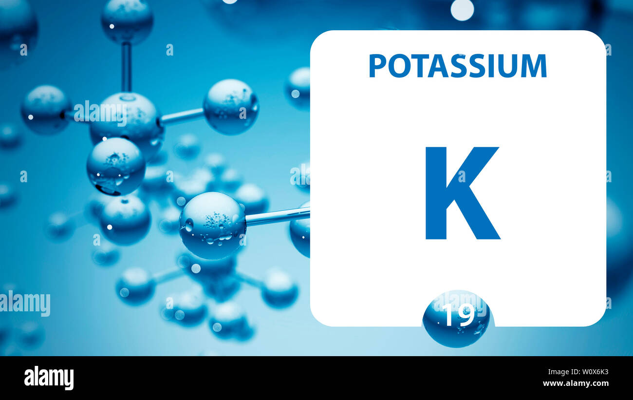 Potassio K, elemento chimico segno. 3D rendering isolati su sfondo bianco. Chimica di potassio 19 elemento per esperimenti scientifici in aula scie Foto Stock