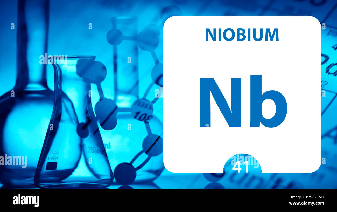 Niobio Nb, elemento chimico segno. 3D rendering isolati su sfondo bianco. Niobio chemical 41 elemento per esperimenti scientifici in aula la scienza Foto Stock