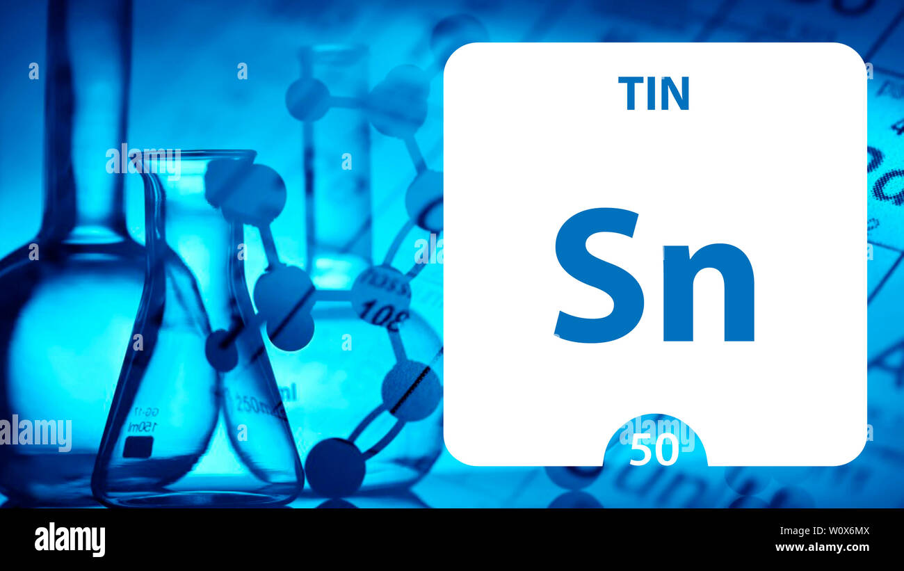 Stagno Sn, elemento chimico segno. 3D rendering isolati su sfondo bianco. Stagno Chimico elemento 50 per esperimenti scientifici in aula la scienza camp Foto Stock