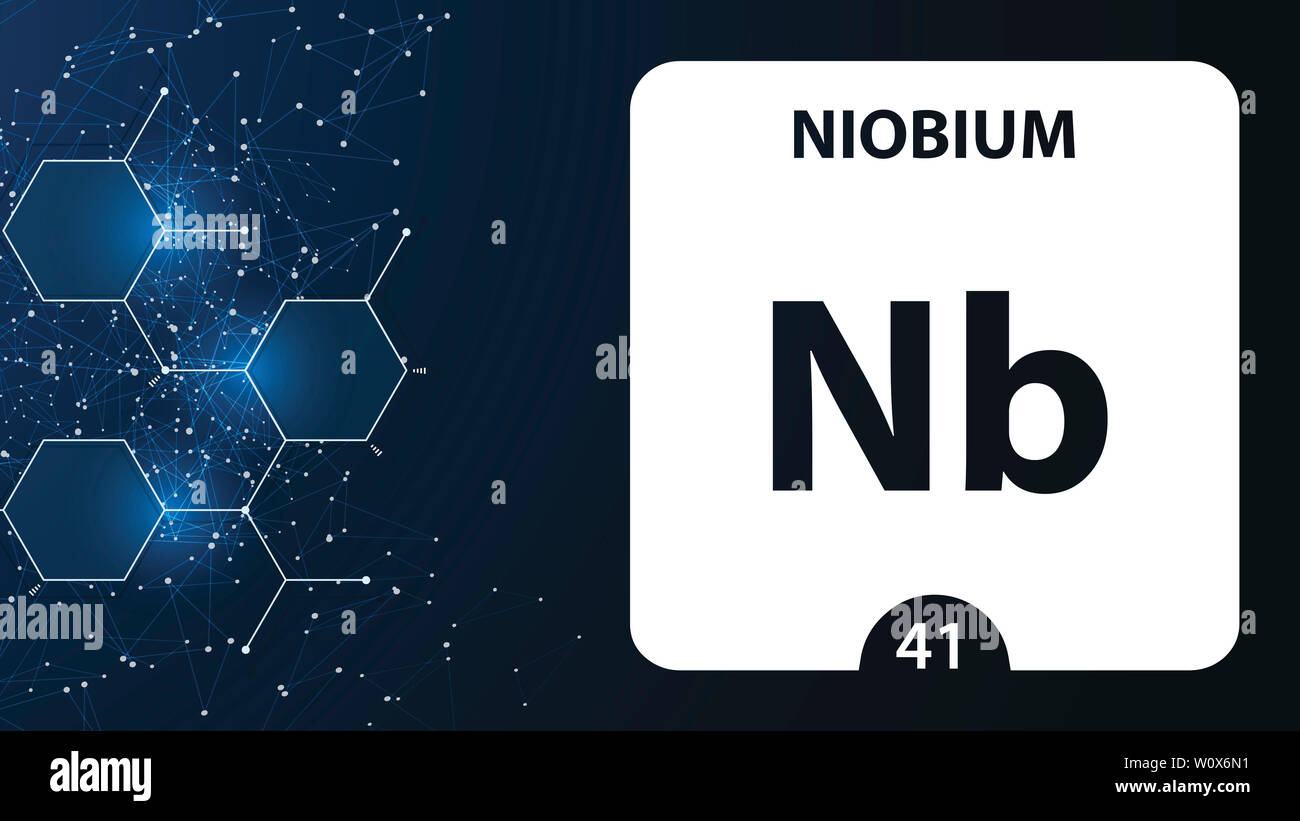 Niobio elemento 41. Metalli alcalino terrosi. Elemento chimico di Mendeleev Tavola Periodica. Niobio in piazza cube concetto creativo. Prodotti chimici di laboratorio, Foto Stock