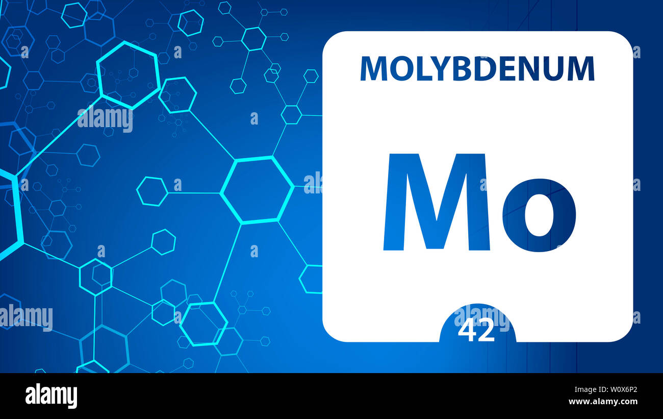 Molibdeno elemento 42. Metalli alcalino terrosi. Elemento chimico di Mendeleev Tavola Periodica. Il molibdeno in cubo quadrati concetto creativo. Chimica, labo Foto Stock