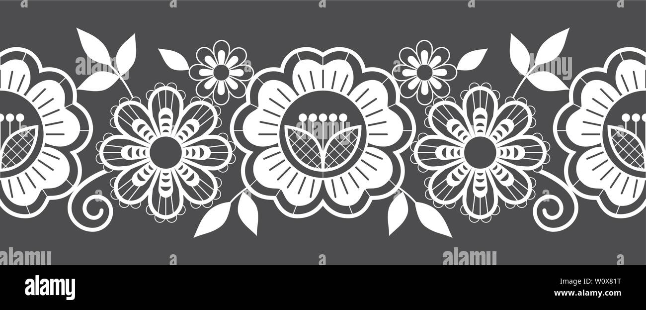 Pizzo senza soluzione di continuità lungo vertivcal pattern impostato, design orizzontale con rose e fiori e volute, dettagliati motivi pizzo Illustrazione Vettoriale