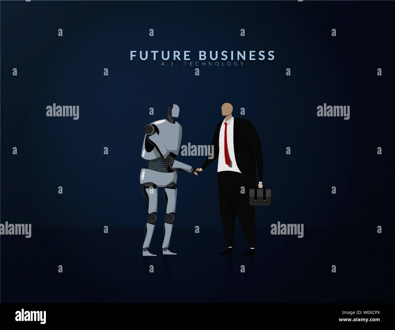Umano e ai lavorando insieme , futuro business , tecnologia e innovazione concetto. AI o di intelligenza artificiale agitando la mano per la cooperazione in bus Illustrazione Vettoriale