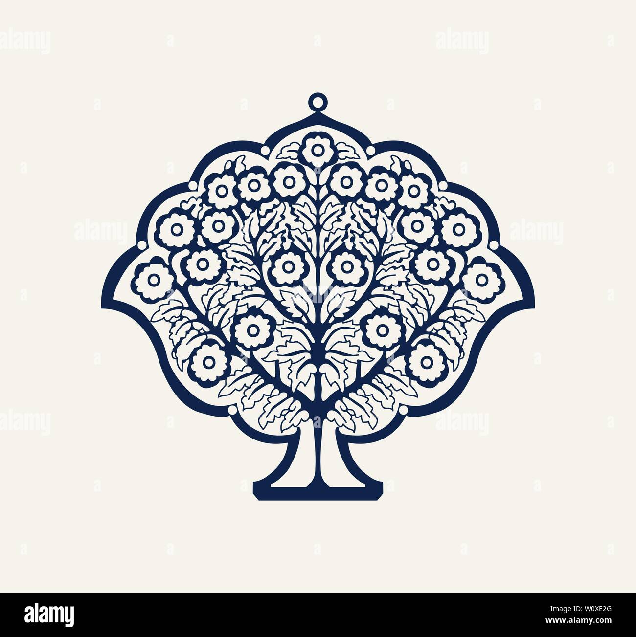 Tintura indaco il blocchetto in legno stampato composizione floreale. Tradizionale etnica motif dell India del Nord con un albero di fioritura, navy blu su sfondo ecru. Illustrazione Vettoriale