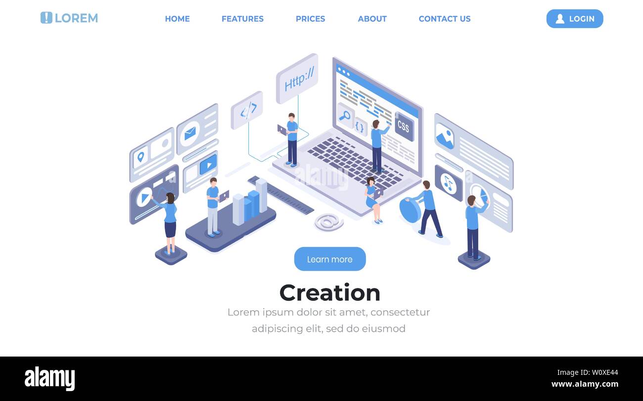 Creazione Software landing page modello isometrico. Programmazione di App e codifica, sviluppo del sito web e ottimizzazione studio team di lavoro banner web layout. Programmatori e sviluppatori 3d caratteri Illustrazione Vettoriale
