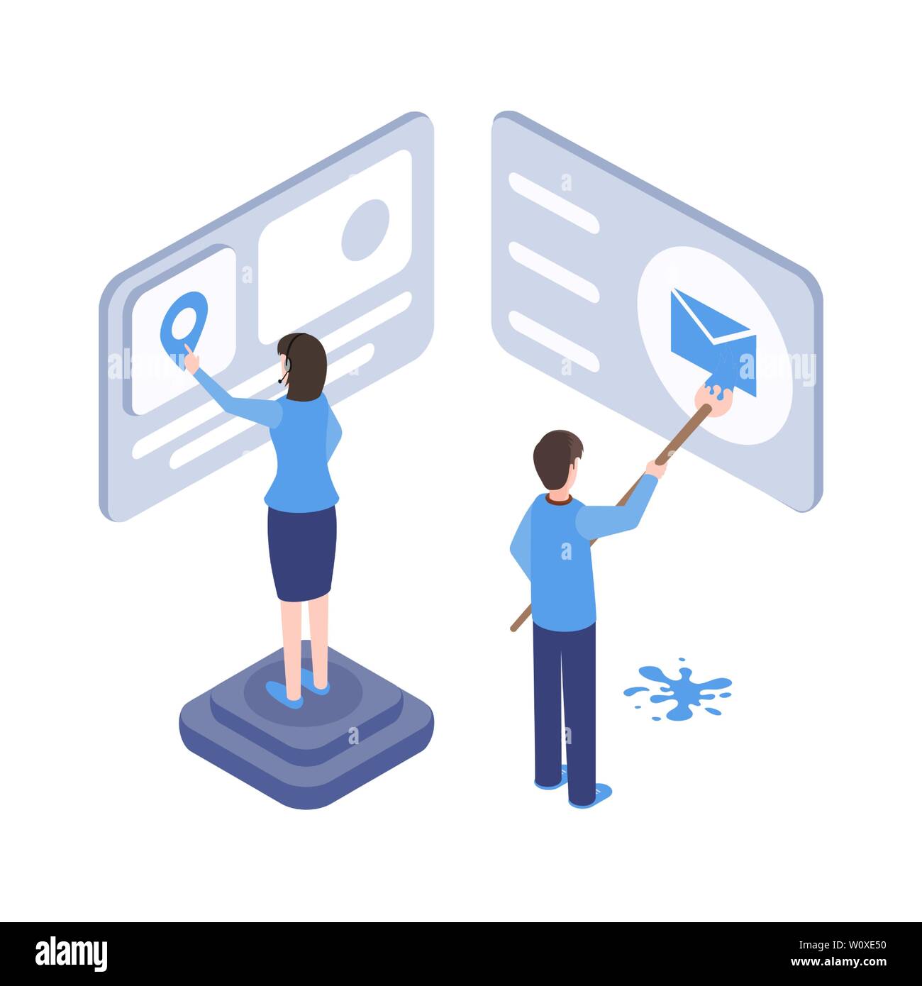 Interfaccia software development vettore illustrazione isometrica. Specialista IT test applicazione mobile, web designer creare ui, ux design 3d caratteri. Gli sviluppatori di app, programmatori coworking Illustrazione Vettoriale