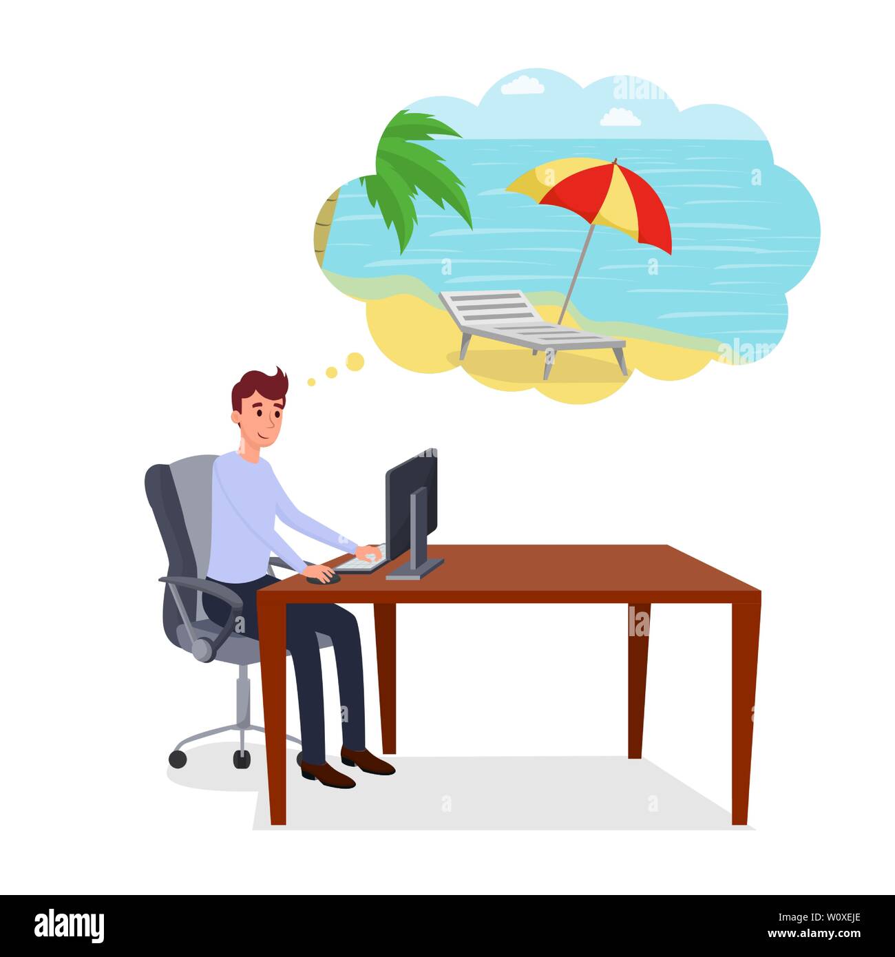Pensando di vacanze appartamento illustrazione vettoriale. Sorridendo felice imprenditore, lavoratore di ufficio, manager, programmatore presso workplace personaggio dei fumetti. Giovane uomo al lavoro sogni di vacanze estive Illustrazione Vettoriale