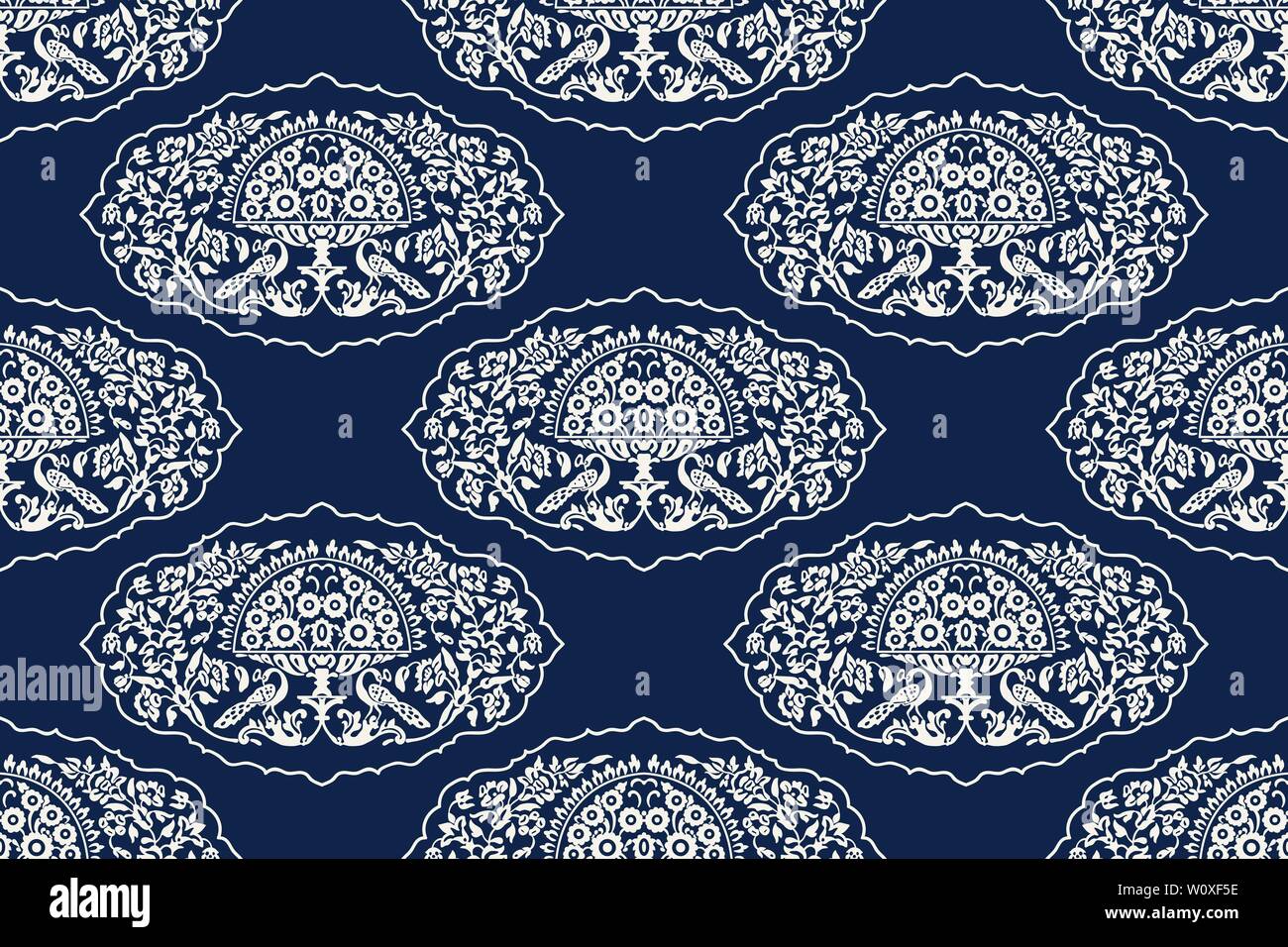 Tintura indaco woodblock stampato etnica seamless floral pattern di Damasco. Orientale tradizionale ornamento di India, fiori e pavoni, ecru su blu navy. Illustrazione Vettoriale