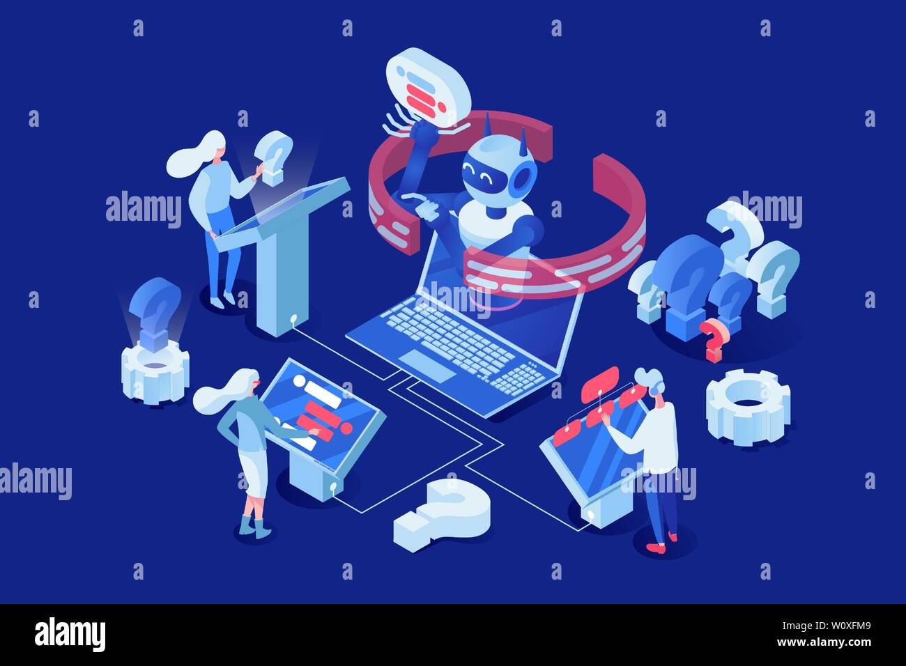 Intelligenza artificiale vettore illustrazione isometrica. Persone, clienti chattare con chatbot 3d i personaggi dei cartoni animati. AI, computer tecnologico ammodernamento, supporto clienti concept Illustrazione Vettoriale