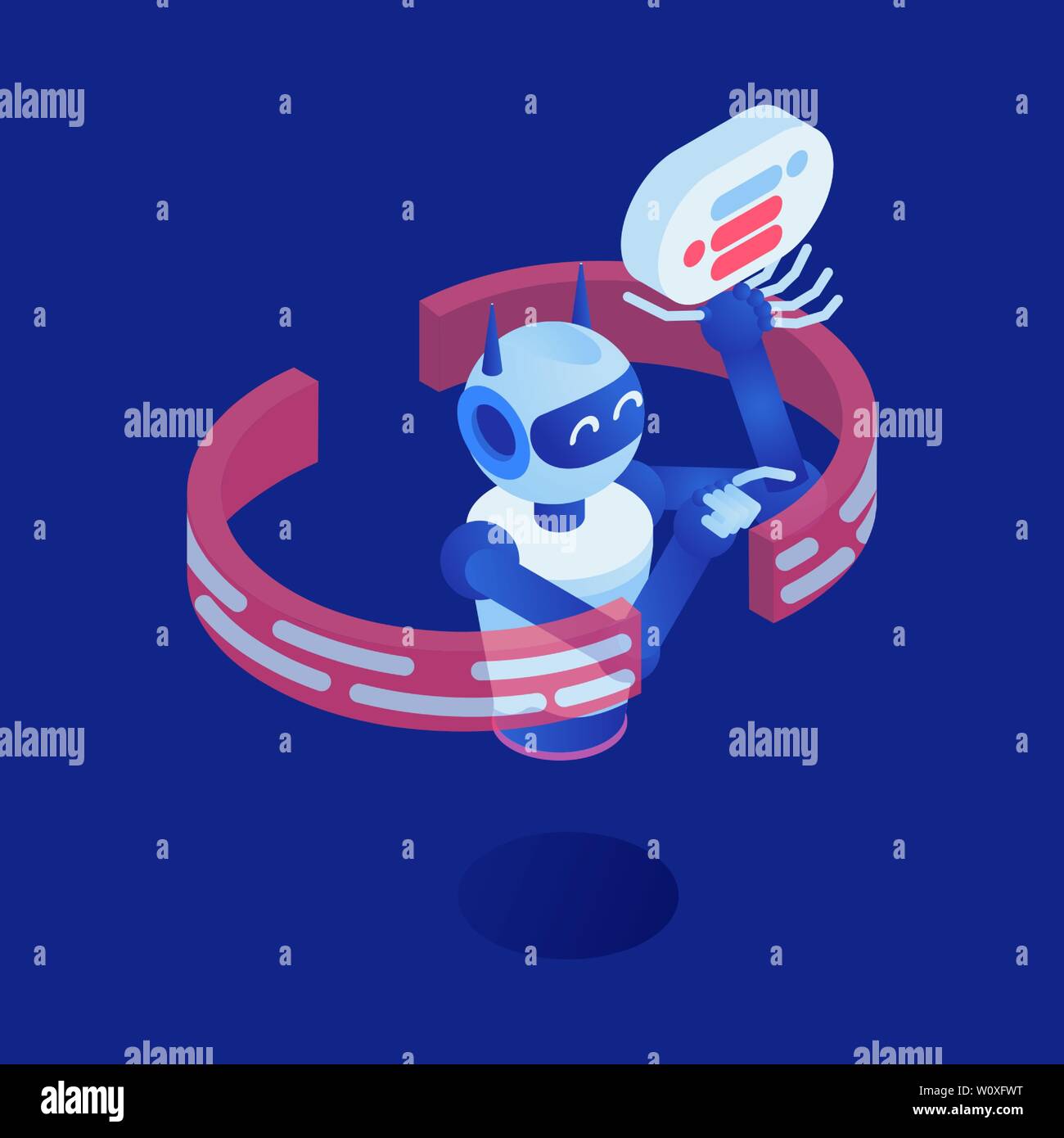 Robot Internet vettore illustrazione isometrica. Il futuristico bot, assistente virtuale, chatbot 3d personaggio dei fumetti. Intelligenza artificiale, machine learning industria, nanotecnologia, tecnologia smart Illustrazione Vettoriale