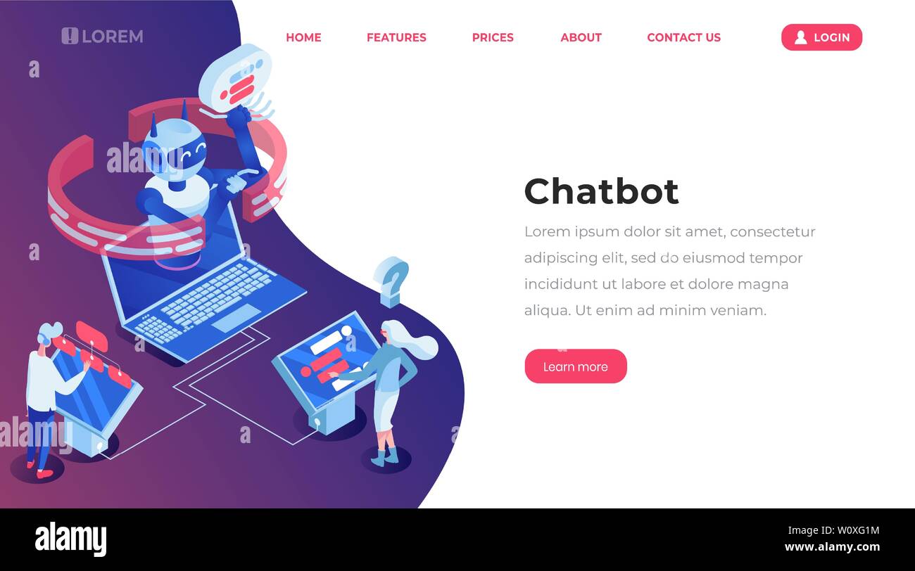 Chatbot isometrica modello landing page. Assistenza clienti online robot, servizio guida, persone in chat con applicazione di bot sito formato vettoriale. Intelligenza artificiale 3d concetto illustrazione Illustrazione Vettoriale