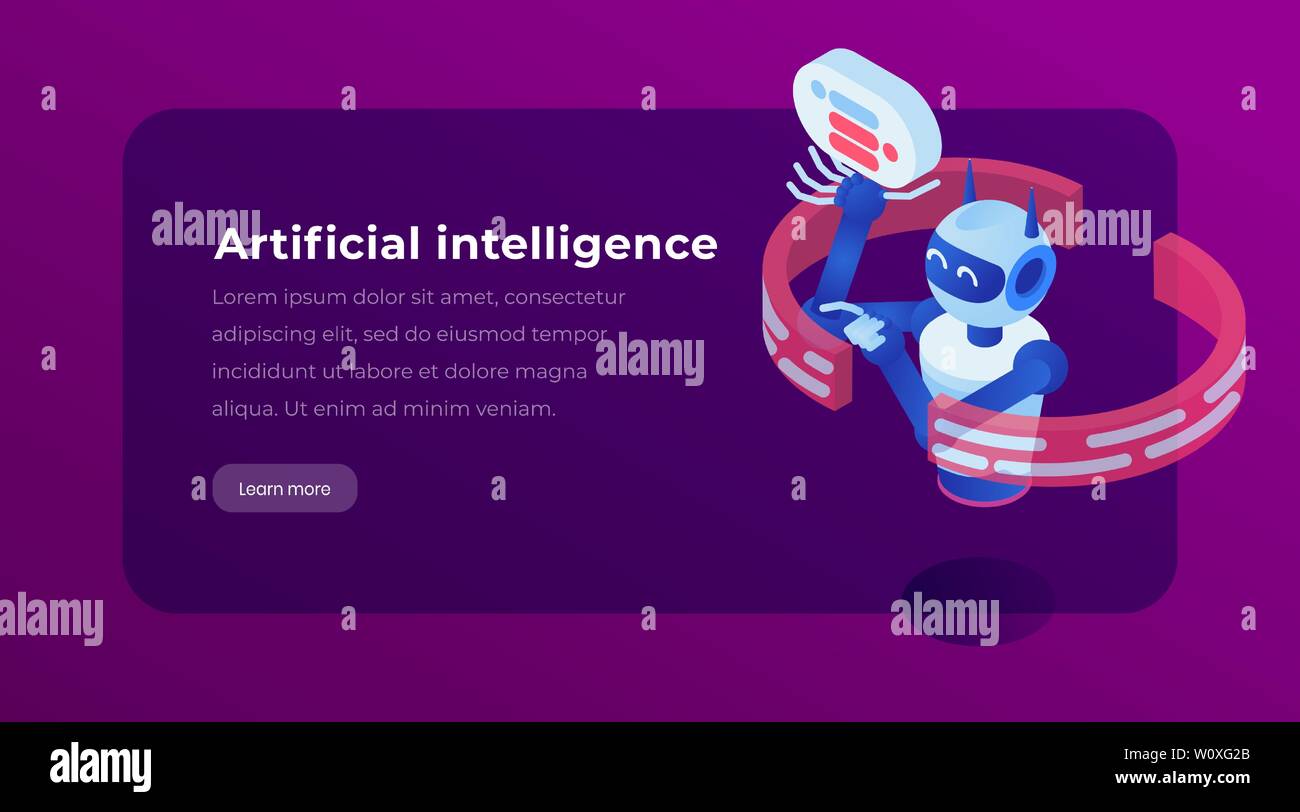 Intelligenza artificiale isometrica modello landing page. Assistenza virtuale chatbot, dell'applicazione software, sito web layout del vettore. AI, tecnologia cibernetica 3d concetto illustrazione Illustrazione Vettoriale