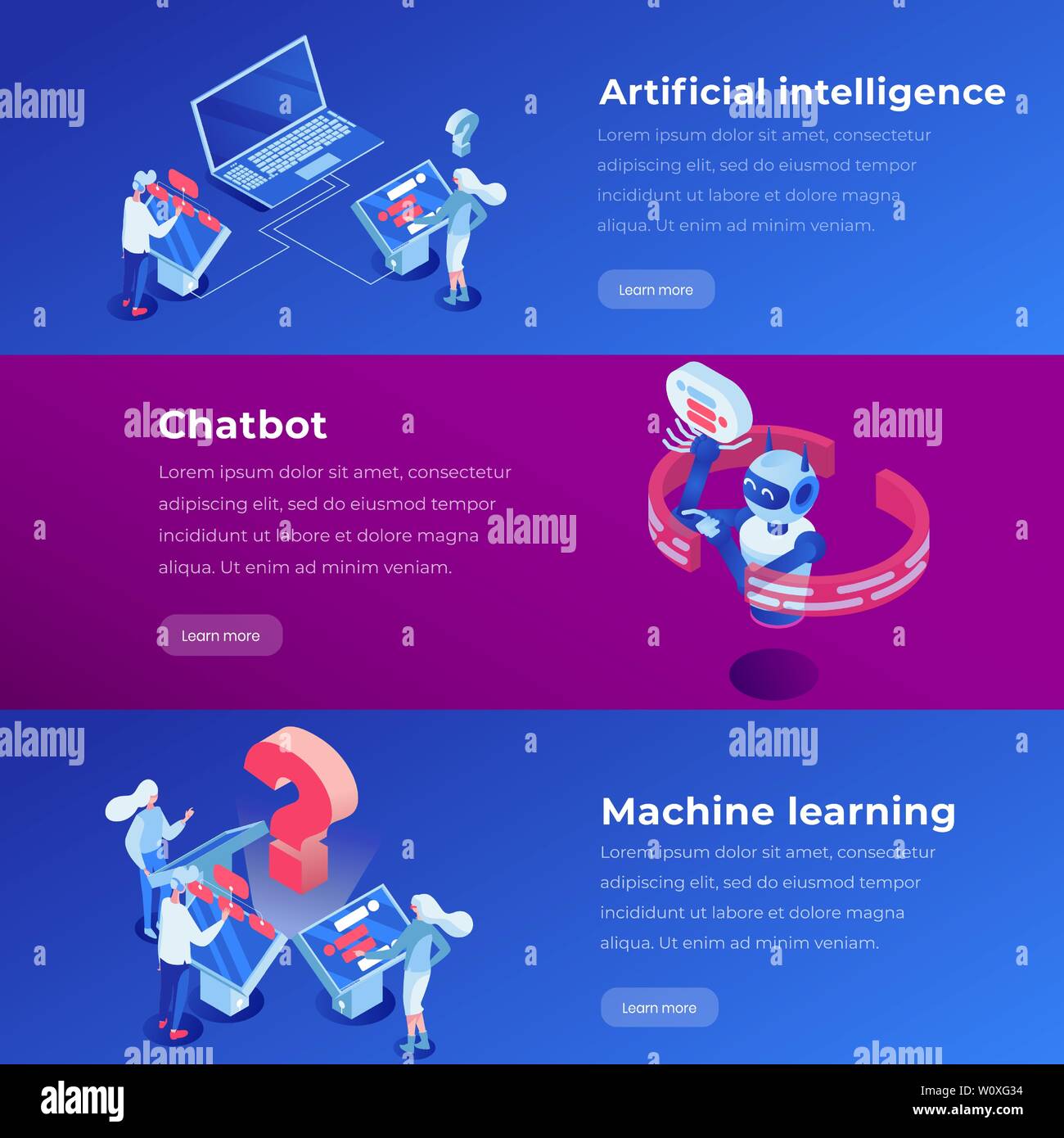 Intelligenza artificiale di atterraggio isometrica il modello di pagina. Machine Learning applicazione software, ai passi del sito web layout del vettore. Assistente virtuale, chatbot 3d concetto illustrazione Illustrazione Vettoriale