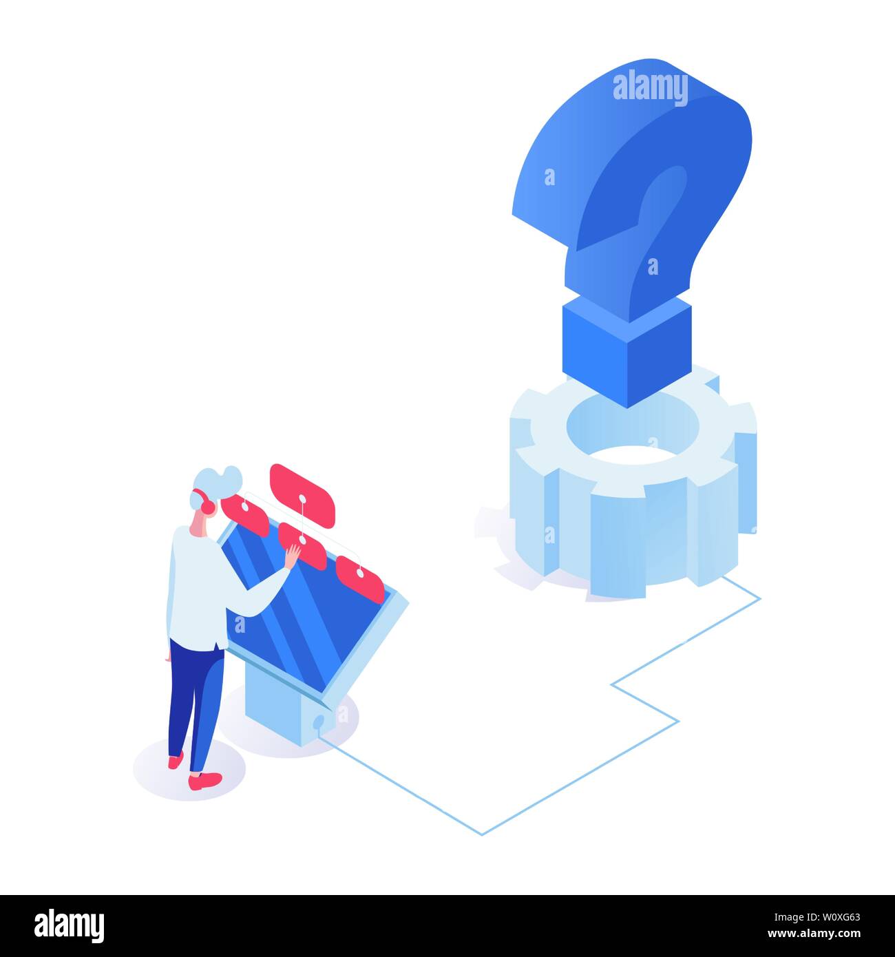 Il cliente operatore di supporto piana illustrazione vettoriale. Il giovane manager utilizzando un monitor digitale, questione segno con ruota dentata 3d personaggio dei fumetti. Machine Learning, intelligenza artificiale AI Illustrazione Vettoriale