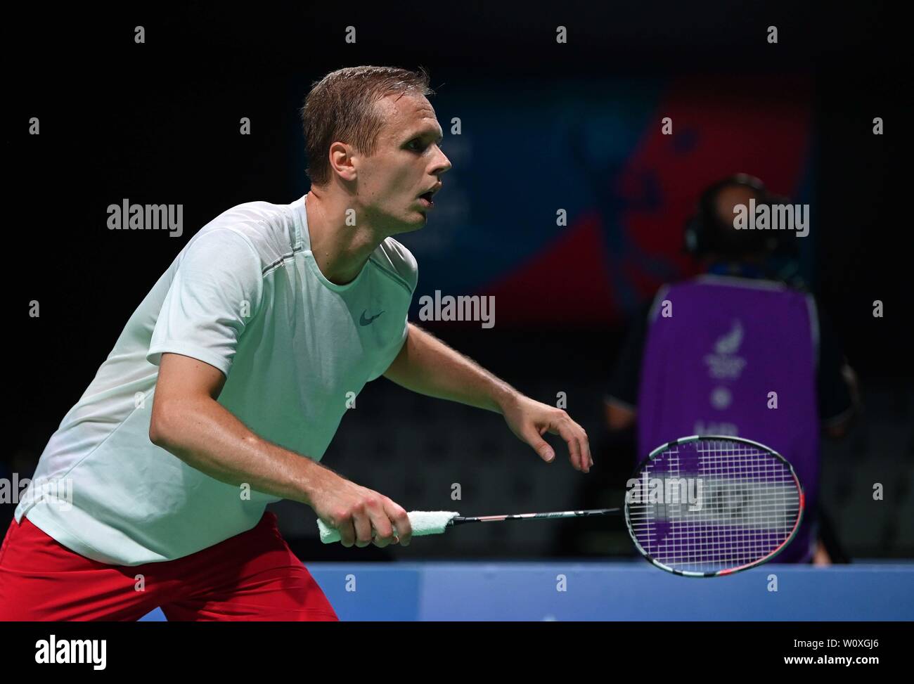 Minsk, Bielorussia. Il 28 giugno, 2019. Raul deve (EST) prendendo parte al torneo di Badminton al secondo European games. Credito Bowden Garry/SIP Agenzia fotografica/Alamy live news. Foto Stock