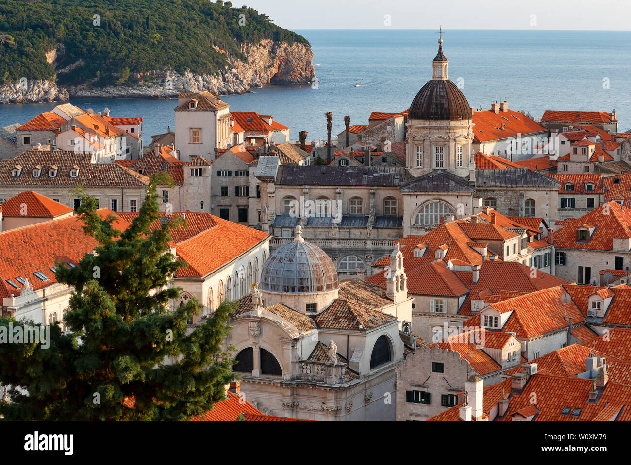 Dubrovnik, vista della città dalle mura circostanti mostrando case e chiese, Dubrovnik, Croazia Foto Stock