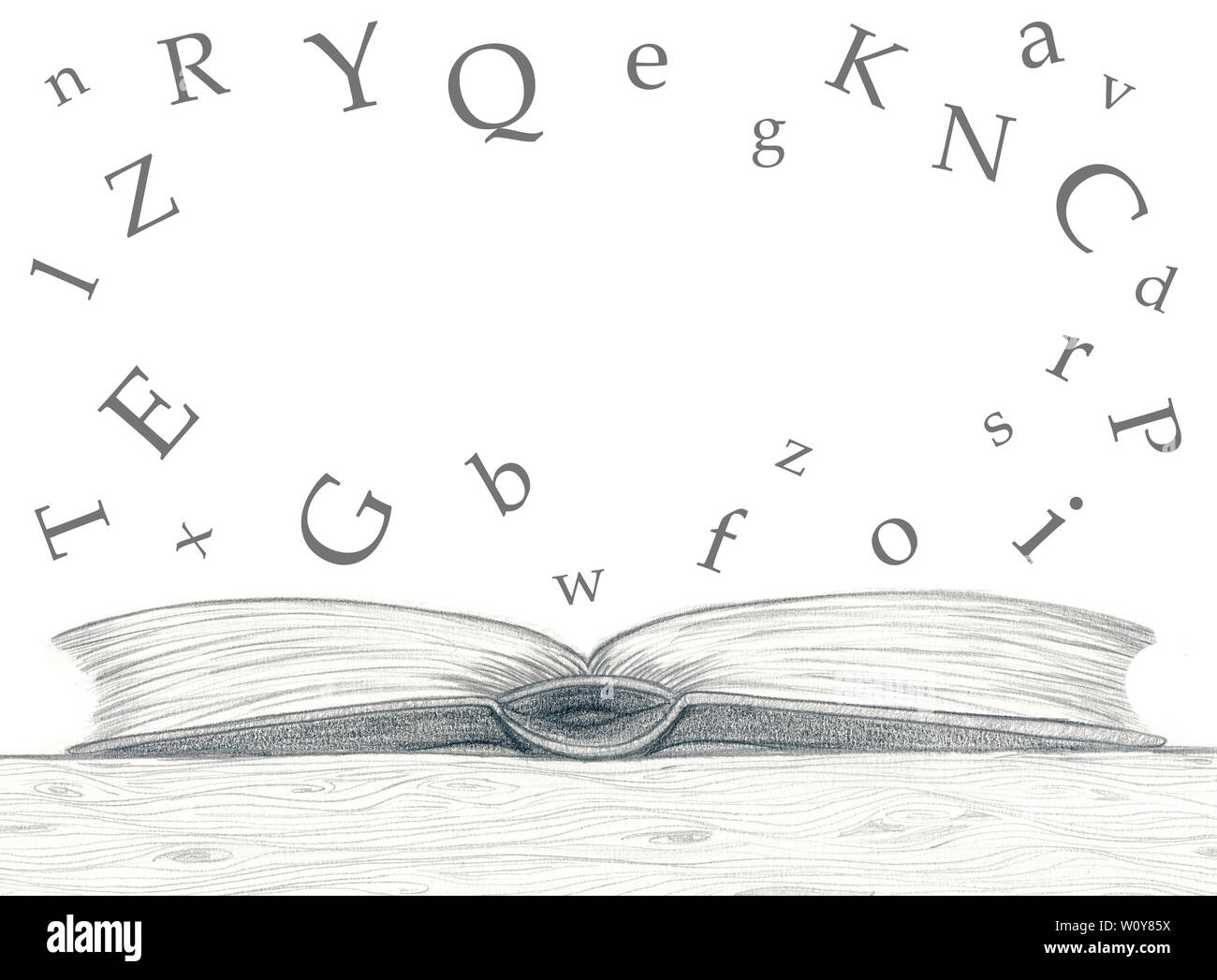Schizzo a matita open book EMPTY caratteri alfabetici sfondo bianco  Da jziprian Foto Stock