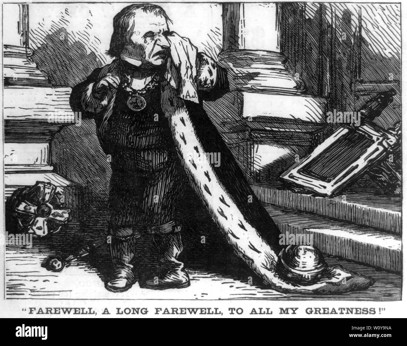"Addio, un lungo addio a tutti la mia grandezza", caricatura mostra Andrew Johnson, vestito come un re, piangere, illustrazione, Harper's Weekly Magazine, USA, 13 marzo 1869 Foto Stock