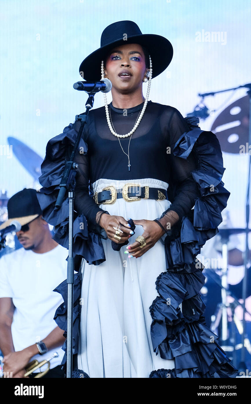 Ms. Lauryn Hill esegue sulla fase della piramide a Glastonbury Festival 2019 venerdì 28 giugno 2019 presso l'azienda agricola degna, Pilton. Foto di Julie Edwards. Foto Stock