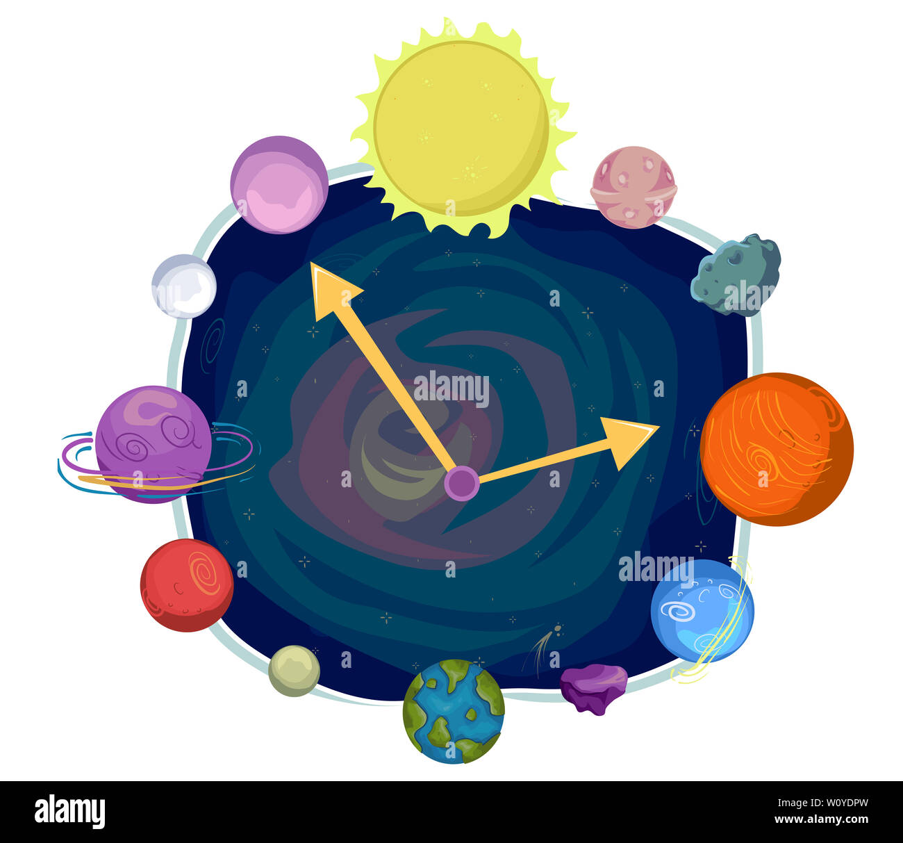 Illustrazione dei pianeti e del sole e diversi spazi esterni degli elementi che compongono un orologio Foto Stock