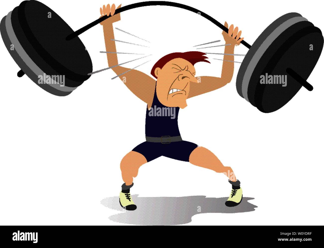 Cartoon uomo weightlifter illustrazione. Cartoon uomo forte tentando di sollevare un peso pesante isolato su bianco Illustrazione Vettoriale