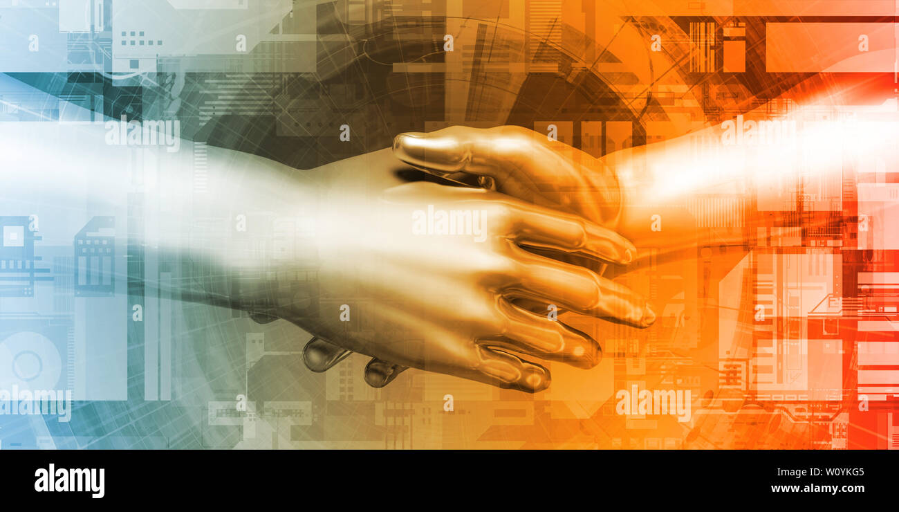 Partenariato digitale con handshake tra uomo e macchina Foto Stock